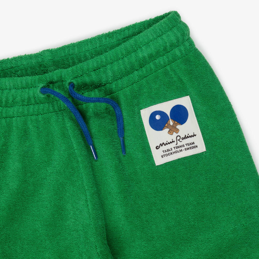 Mini Rodini-Boys Green Terry Towelling Joggers with Table Tennis Motif | Childrensalon