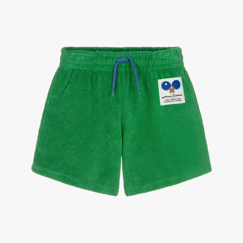 Mini Rodini-Boys Green Terry Towelling Shorts with Table Tennis Motif | Childrensalon