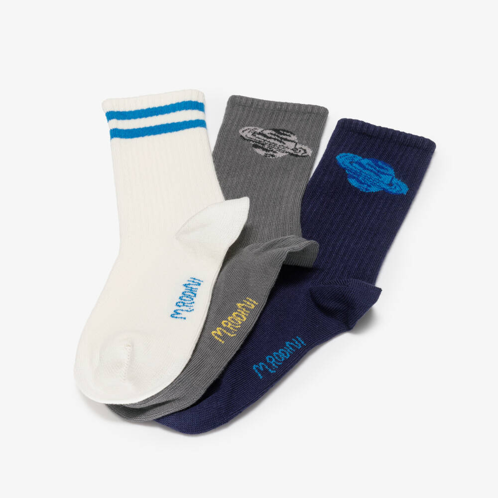 Mini Rodini-جوارب بطبعة غالاكسي لون رمادي وأزرق للأولاد (3 قطع) | Childrensalon