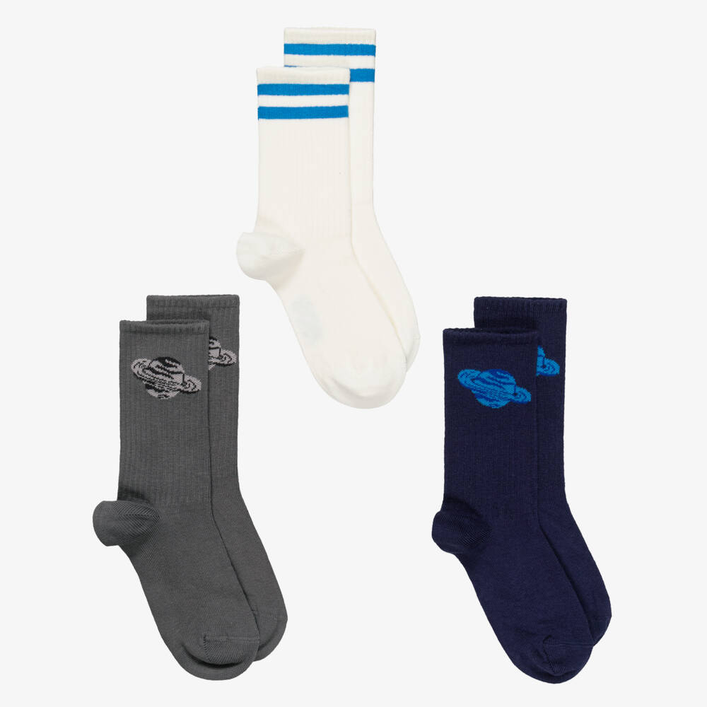 Mini Rodini-Boys Grey & Blue Galaxy-Themed Socks (3 Pack) | Childrensalon