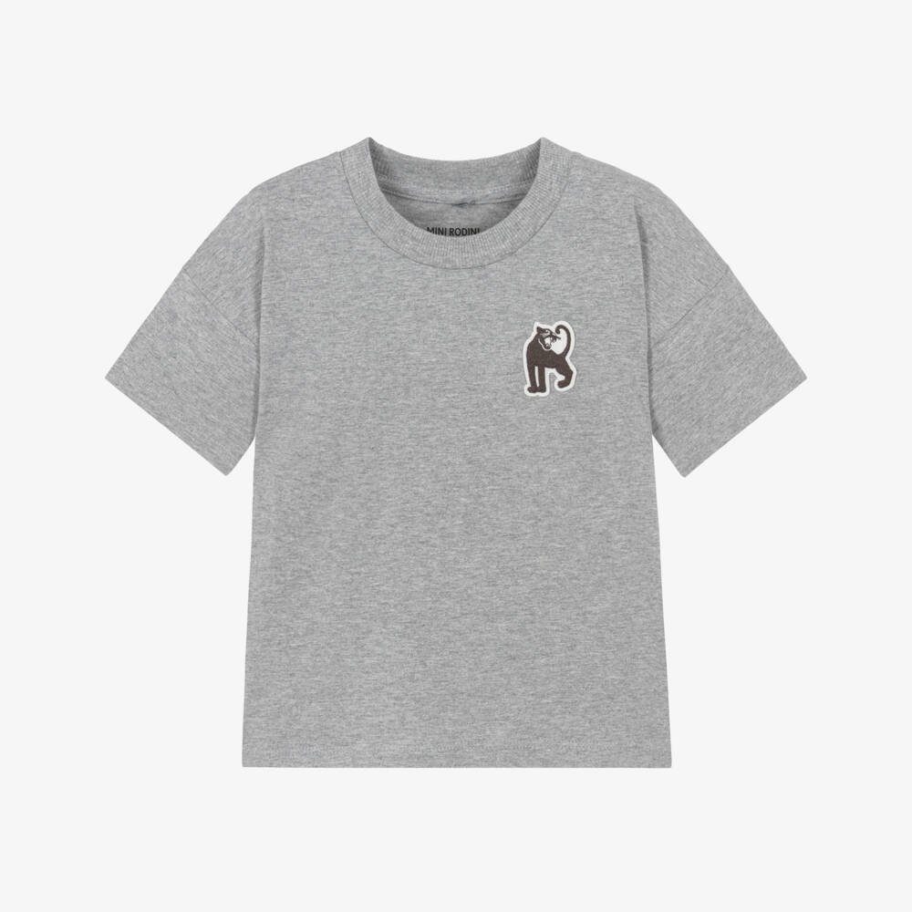 Mini Rodini-Boys Grey Cotton T-Shirt with Panther Motif | Childrensalon