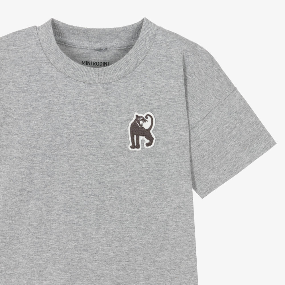 Mini Rodini-Boys Grey Cotton T-Shirt with Panther Motif | Childrensalon