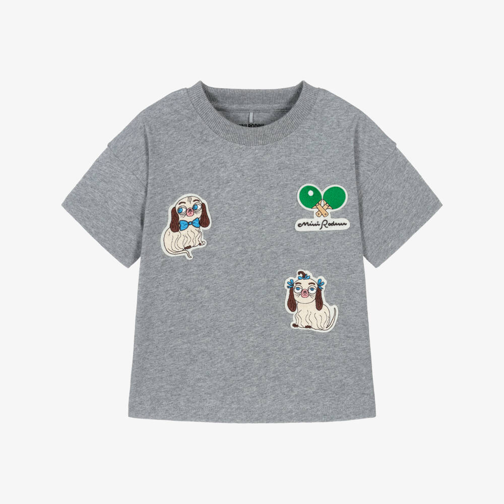 Mini Rodini-Boys Grey Marl Cotton Patch T-Shirt  | Childrensalon