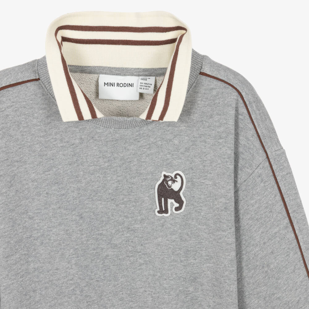 Mini Rodini-Boys Grey Marl Cotton Sweatshirt with Ribbed Collar | Childrensalon