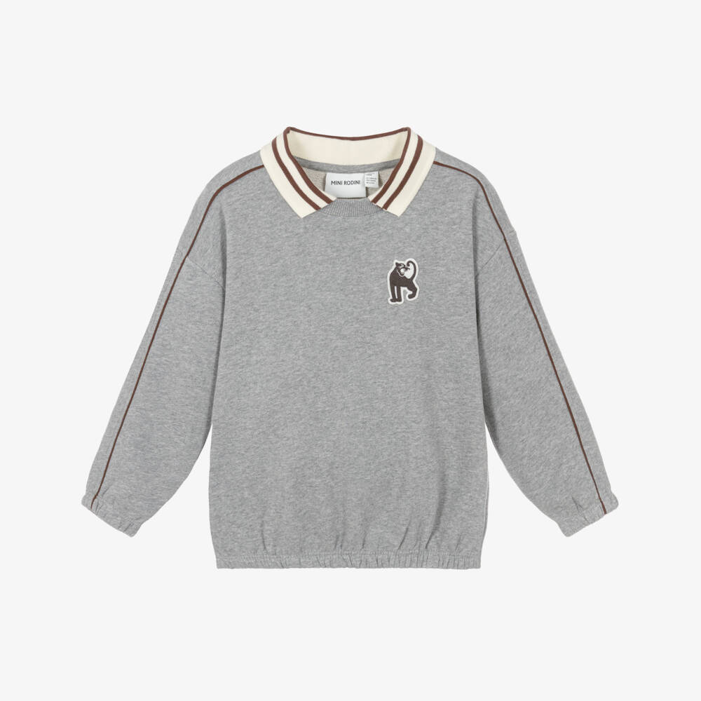 Mini Rodini-Boys Grey Marl Cotton Sweatshirt with Ribbed Collar | Childrensalon