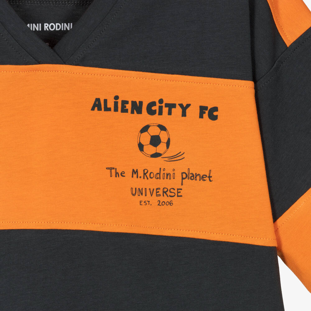 Mini Rodini-تيشيرت بطبعة كرة قدم لون رمادي وبرتقالي للأولاد | Childrensalon