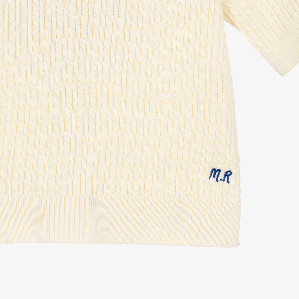 Mini Rodini-Boys Ivory Cable Knit Polo Shirt with Blue Collar | Childrensalon