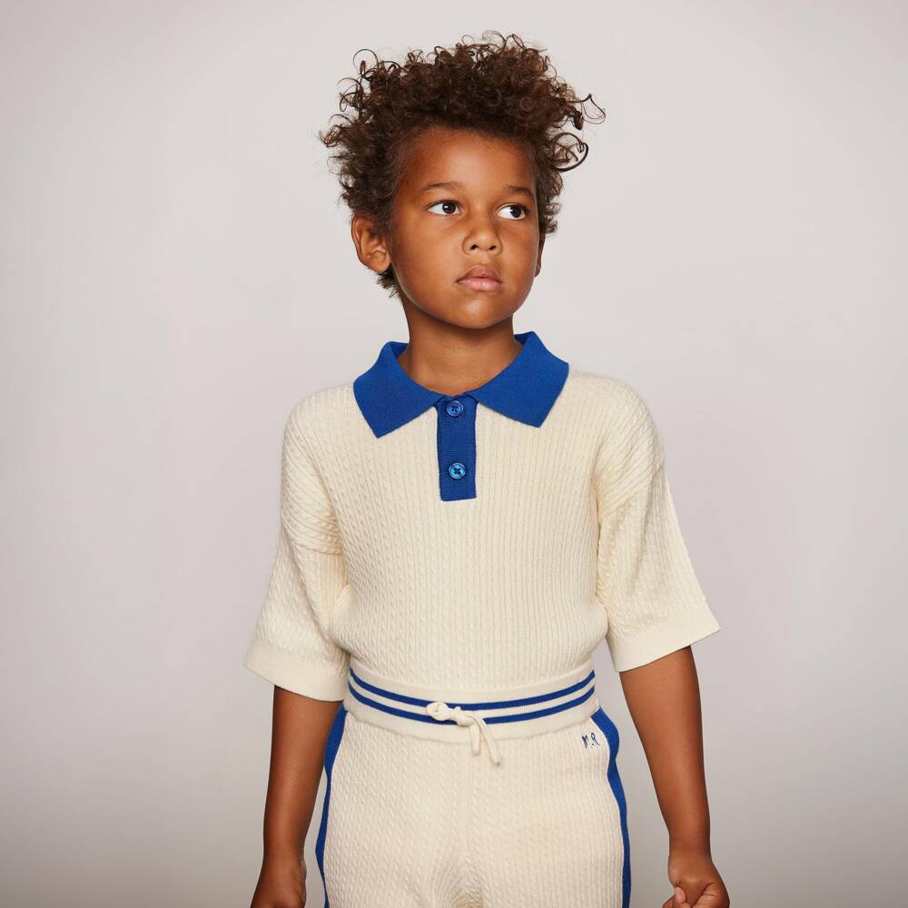 Mini Rodini-Boys Ivory Cable Knit Polo Shirt with Blue Collar | Childrensalon