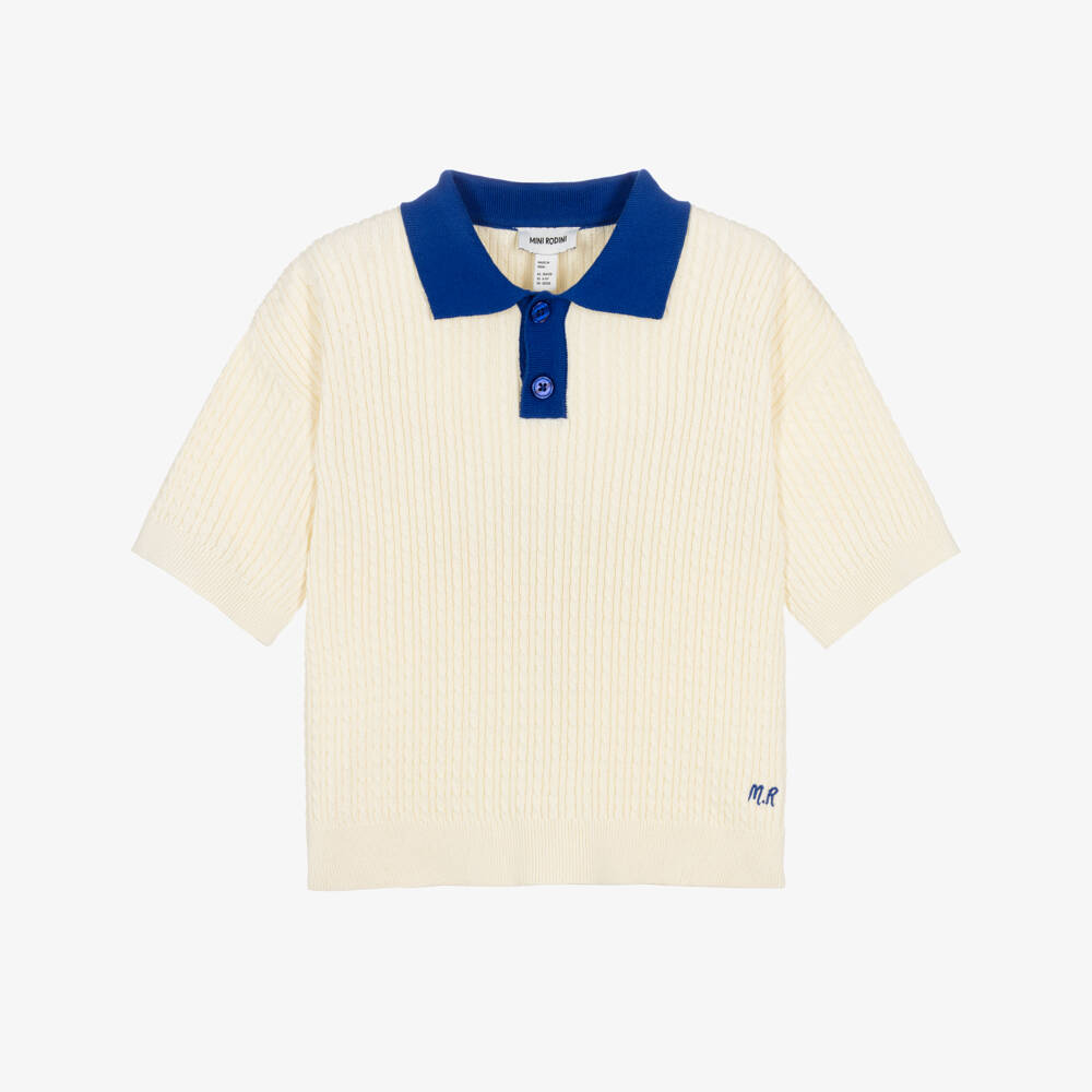 Mini Rodini-Boys Ivory Cable Knit Polo Shirt with Blue Collar | Childrensalon