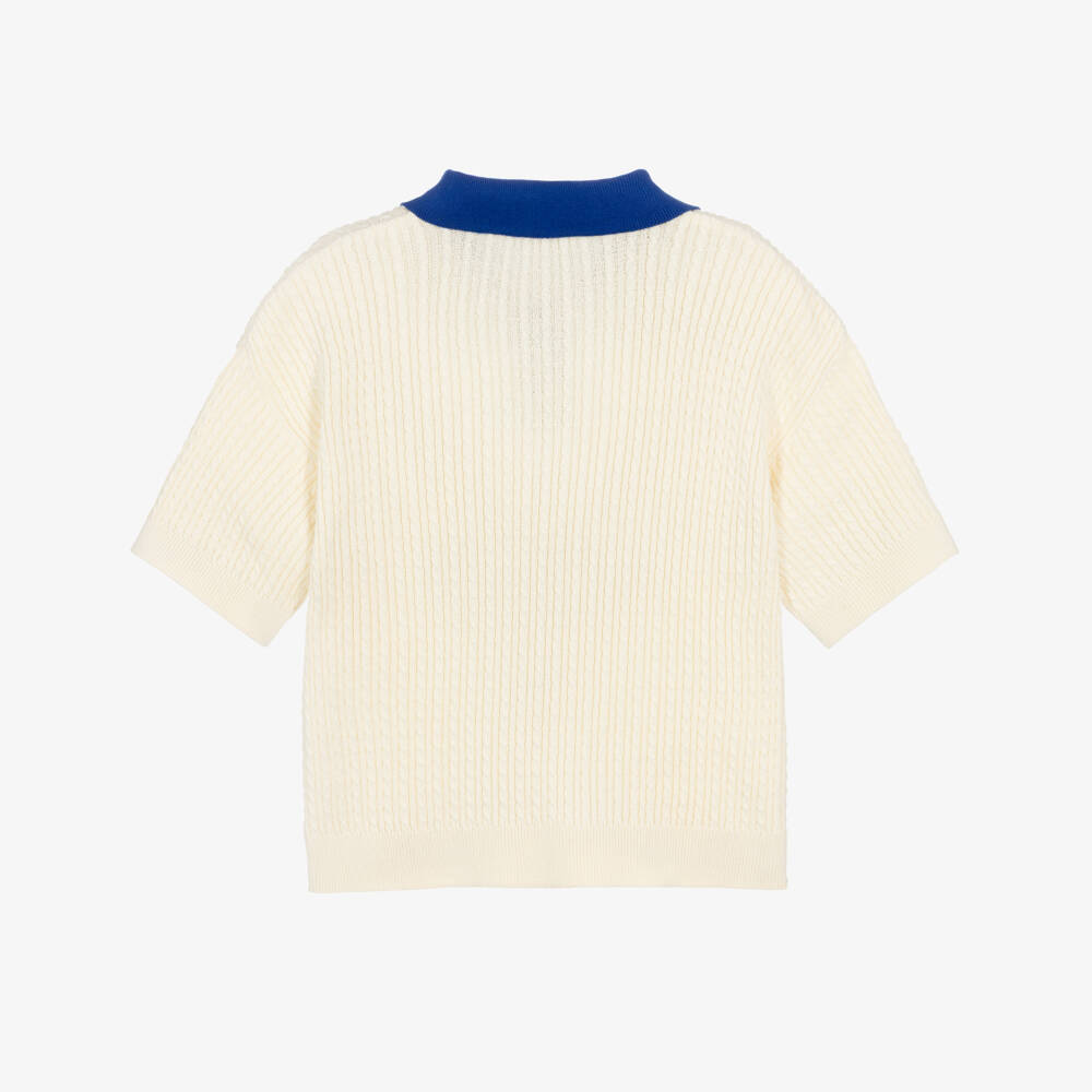 Mini Rodini-Boys Ivory Cable Knit Polo Shirt with Blue Collar | Childrensalon