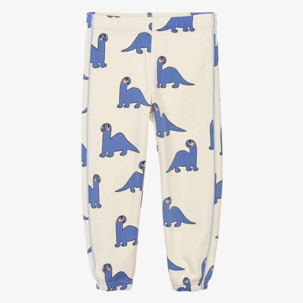 Mini Rodini-Boys Ivory Organic Cotton Joggers with Blue Dino Print | Childrensalon