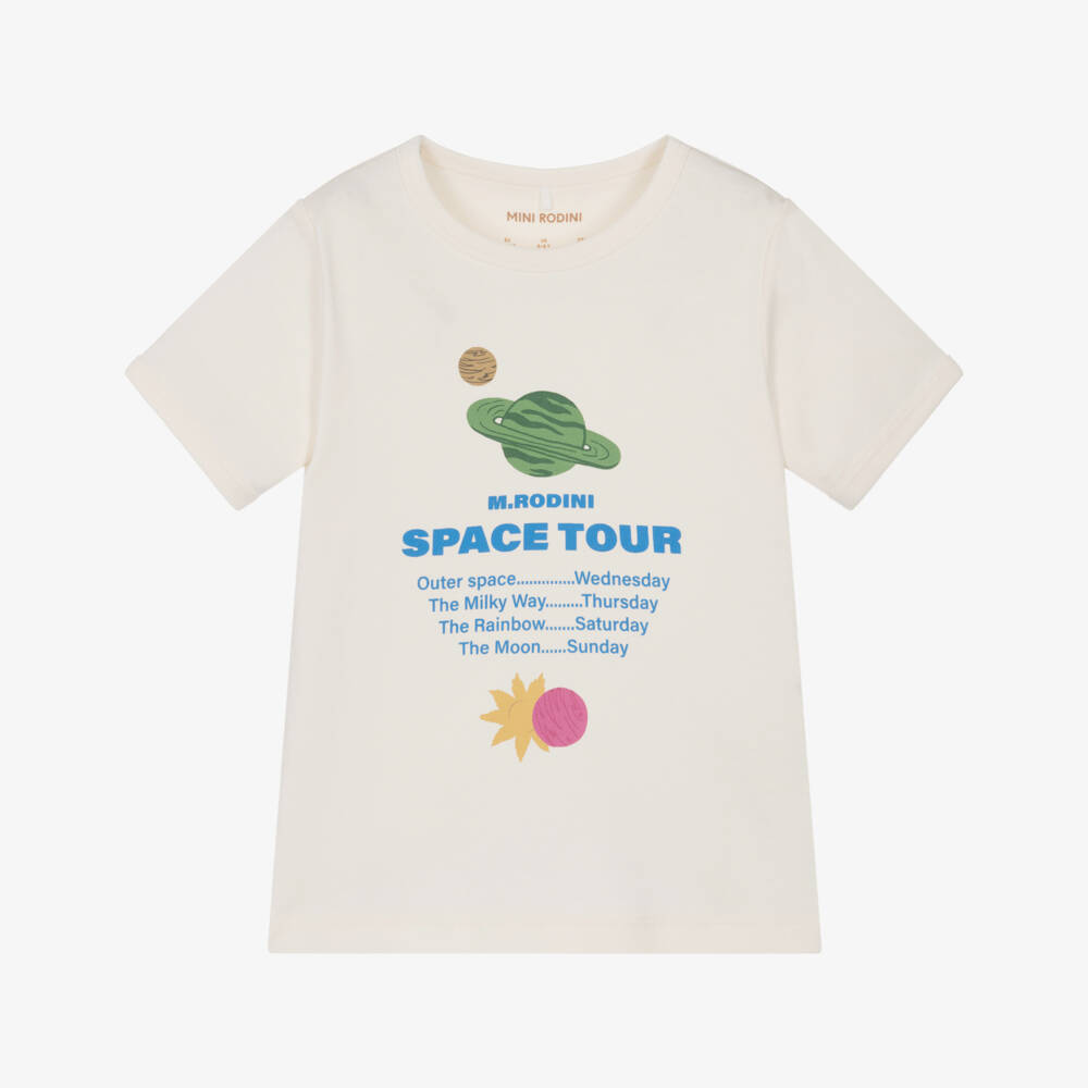 Mini Rodini-Boys Ivory Organic Cotton Space Tour T-Shirt | Childrensalon
