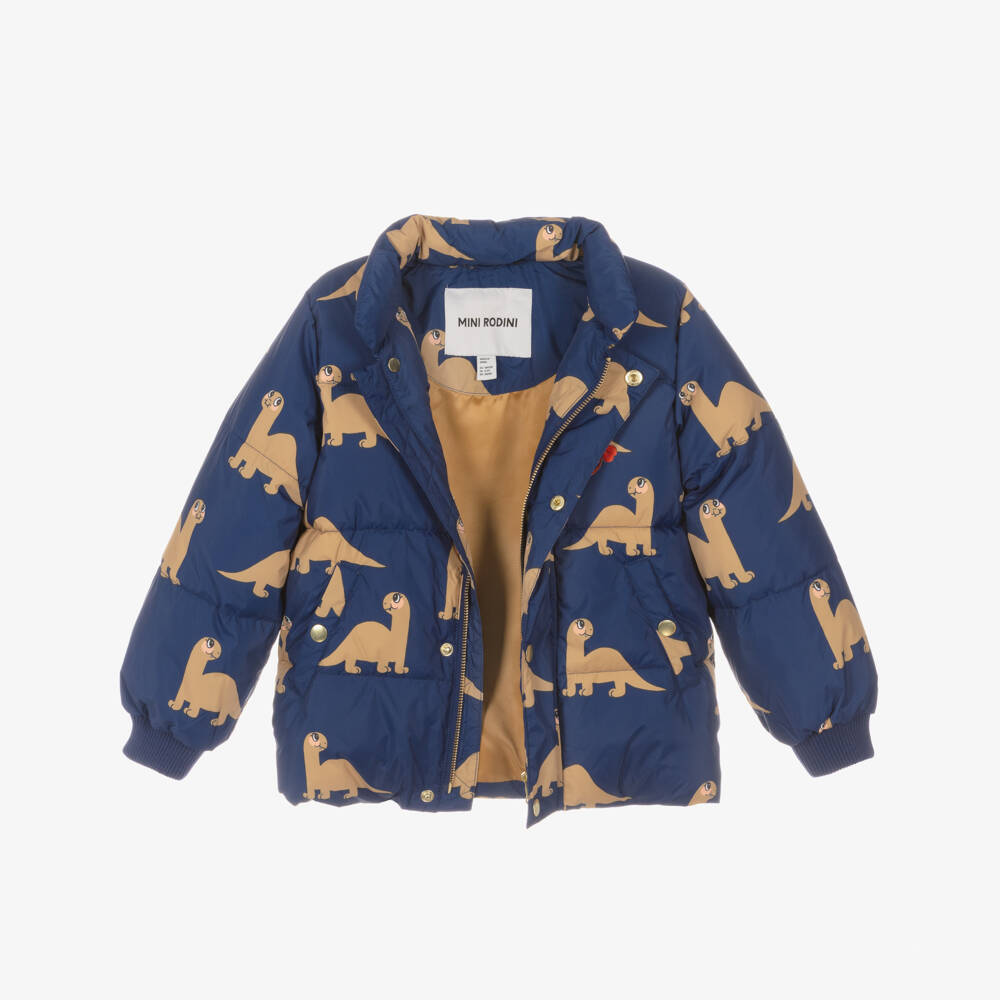 Mini Rodini-Boys Navy Blue Dinosaur Print Puffer Jacket | Childrensalon