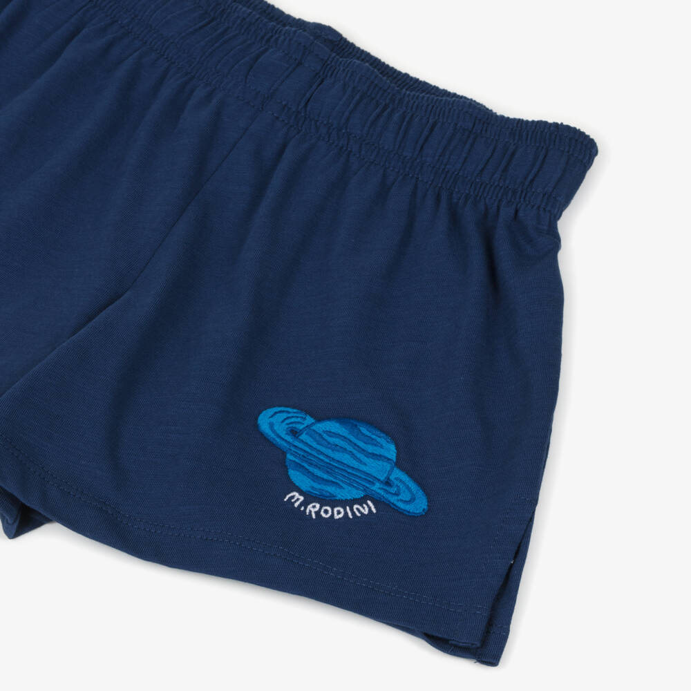 Mini Rodini-Boys Navy Blue Organic Cotton Shorts with Planet Logo Patch | Childrensalon