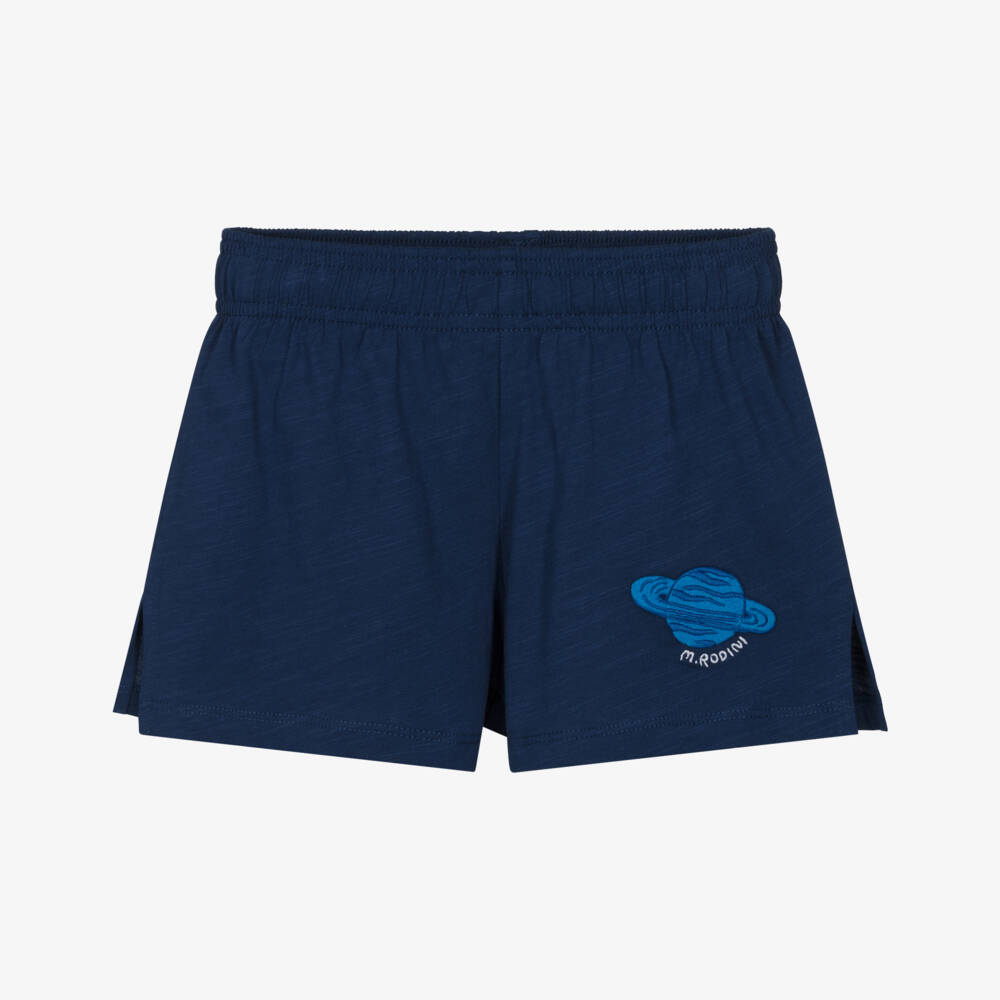 Mini Rodini-Boys Navy Blue Organic Cotton Shorts with Planet Logo Patch | Childrensalon