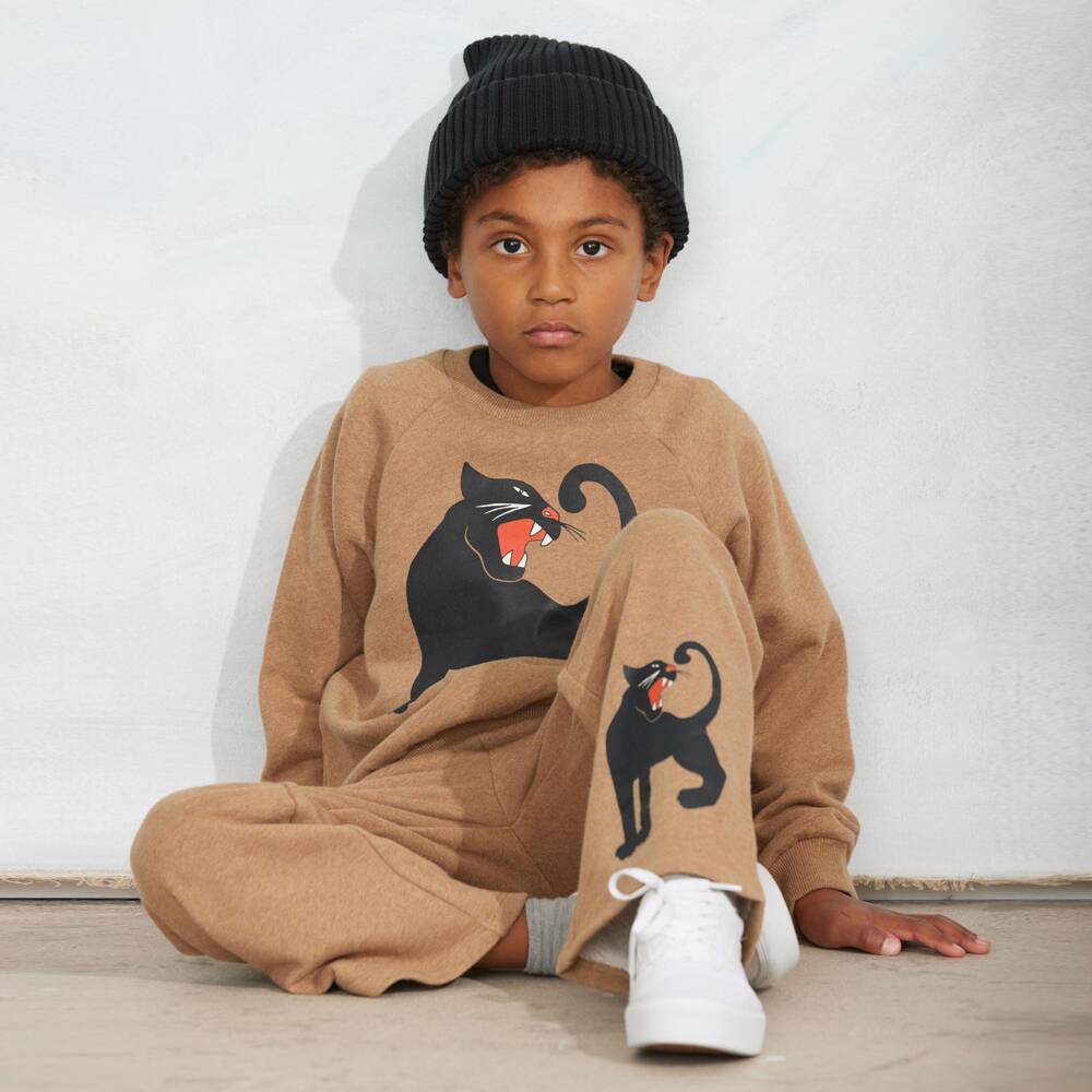Mini Rodini-Boys Sand Brown Sweatshirt with Panther Print | Childrensalon
