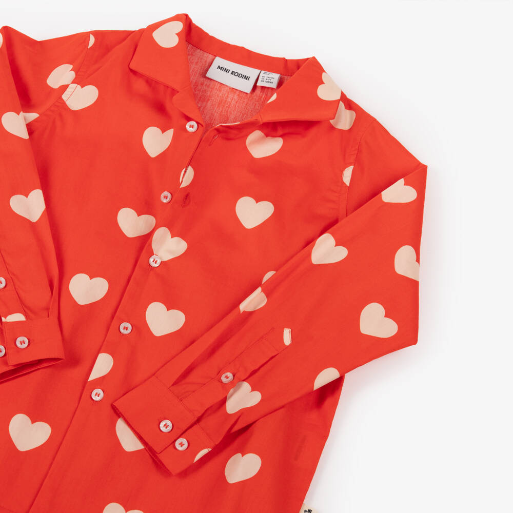 Mini Rodini-قميص قطن عضوي بطبعة قلوب لون أحمر زاهي | Childrensalon