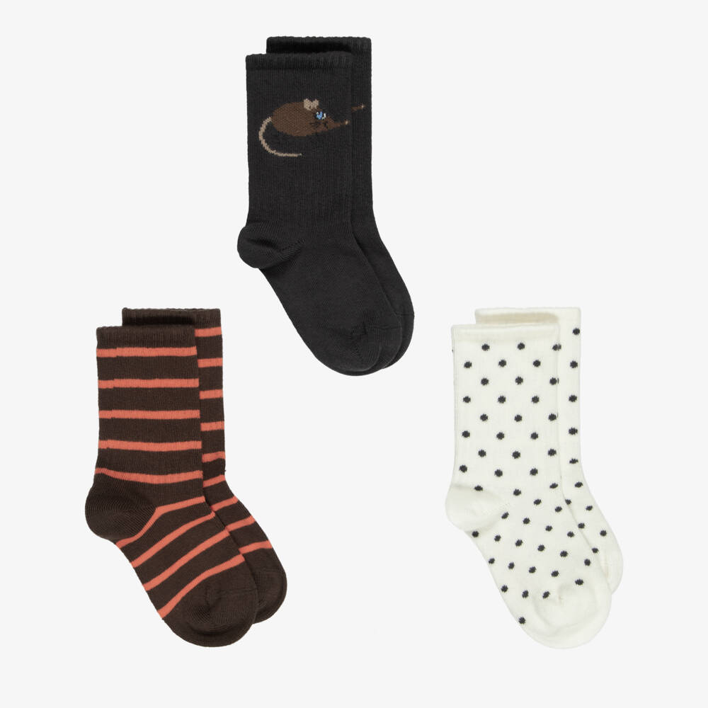 Mini Rodini-Brown & Black Organic Cotton Socks (3 Pack) | Childrensalon