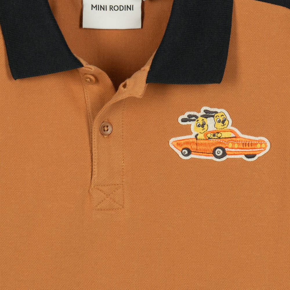 Mini Rodini-Brown Racing Rabbit Organic Cotton Polo Shirt | Childrensalon
