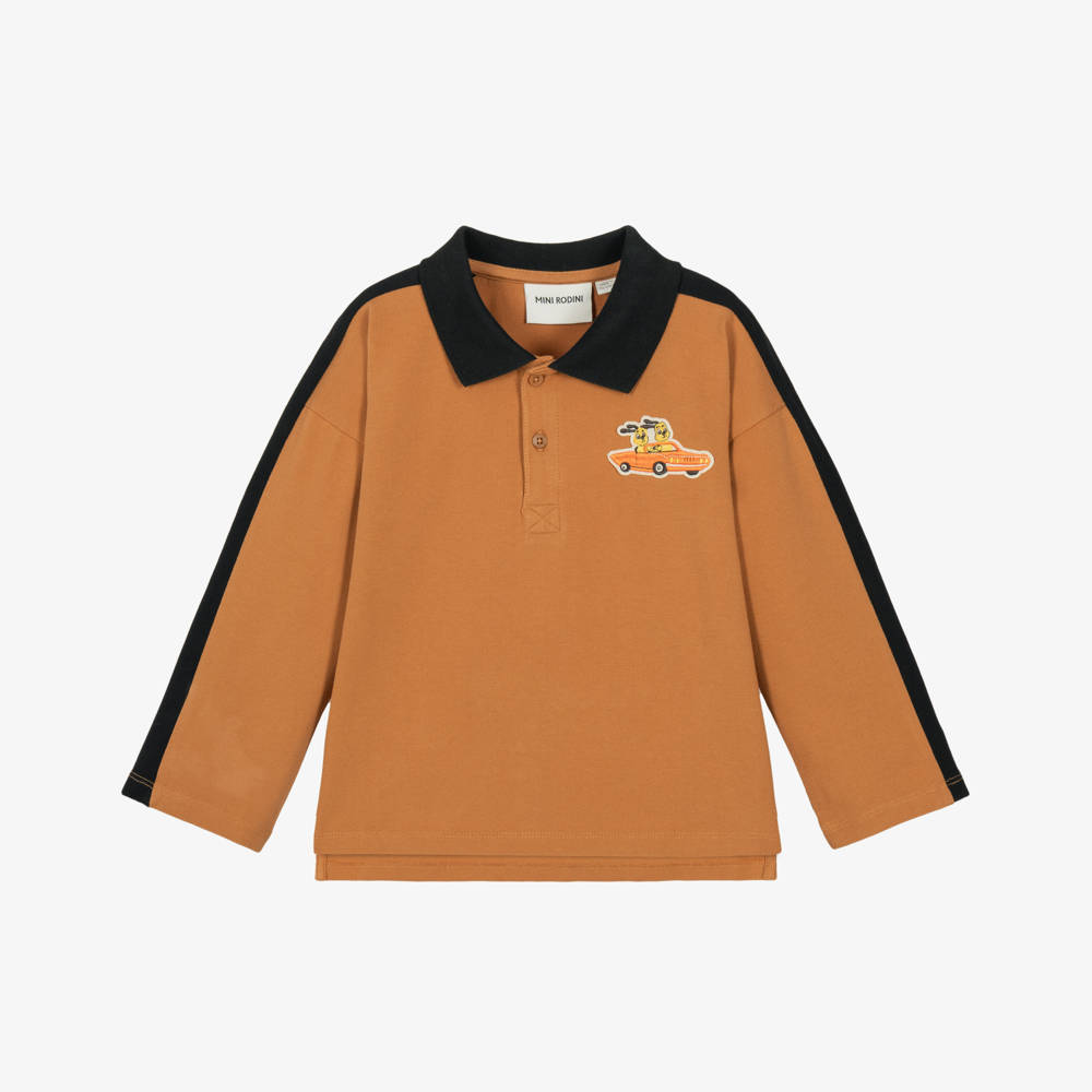 Mini Rodini-Brown Racing Rabbit Organic Cotton Polo Shirt | Childrensalon