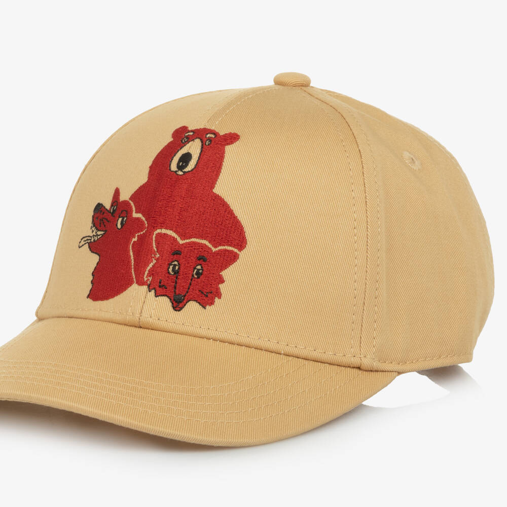 Mini Rodini-قبعة بطبعة دب قطن تويل لون بيج داكن  | Childrensalon