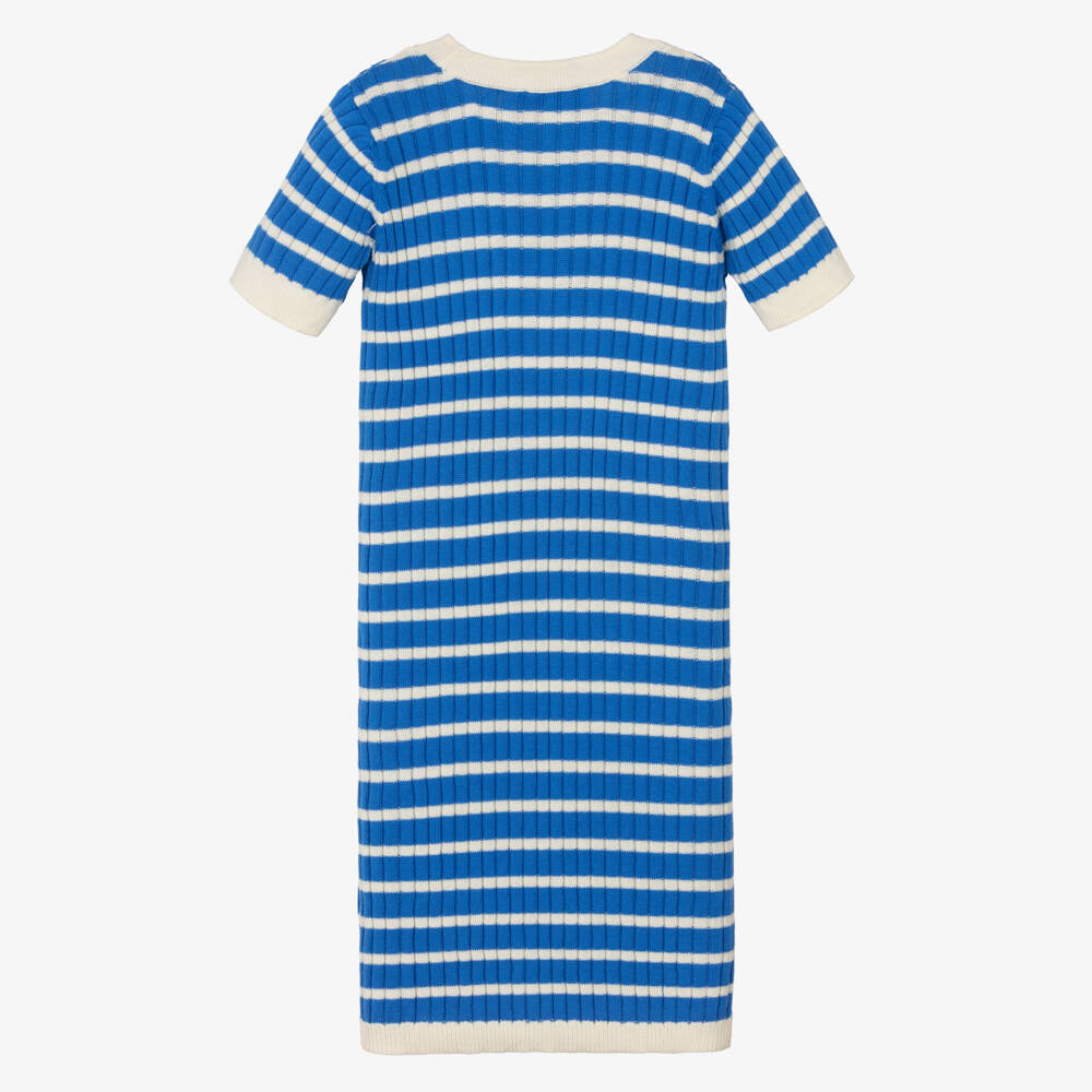 Mini Rodini-Girl Blue & Ivory Rib Knit Stripe Dress with Ritzratz Patch | Childrensalon