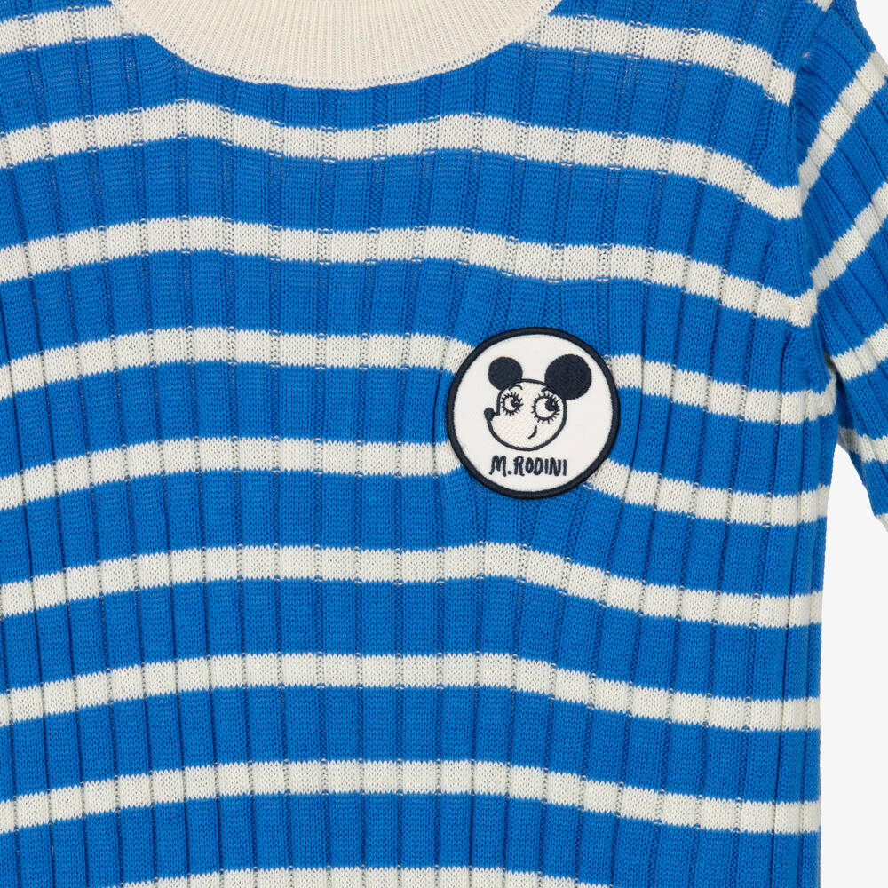 Mini Rodini-Girl Blue & Ivory Rib Knit Stripe Dress with Ritzratz Patch | Childrensalon