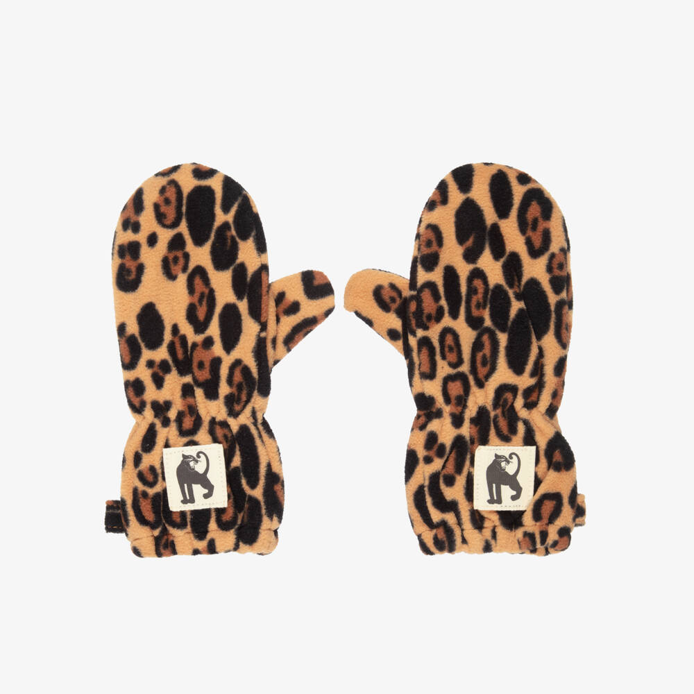 Mini Rodini-قفازات فليس بنقشة الفهد لون بني وبيج للبنات | Childrensalon
