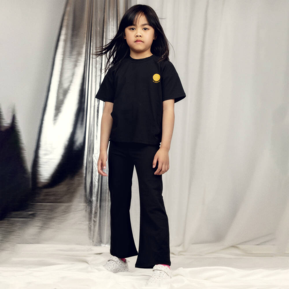 Mini Rodini-Girls Black Cotton Jersey Planet Logo Flared Trousers | Childrensalon