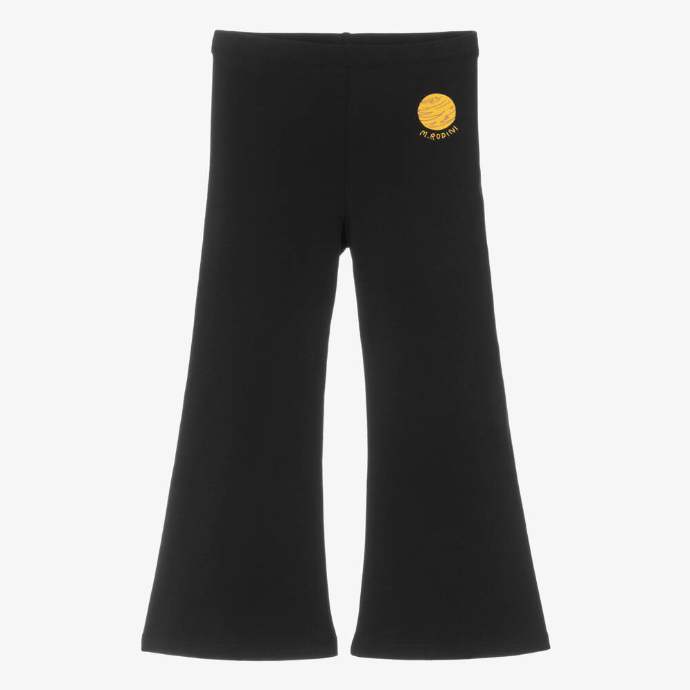 Mini Rodini-Girls Black Cotton Jersey Planet Logo Flared Trousers | Childrensalon