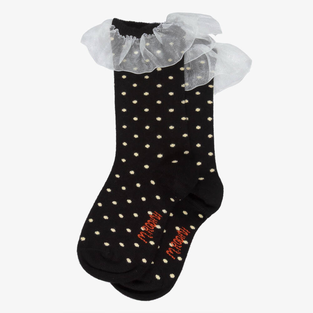 Mini Rodini-جوارب بنقاط بولكا لون أسود وعاجي مزينة بكشكش للبنات  | Childrensalon
