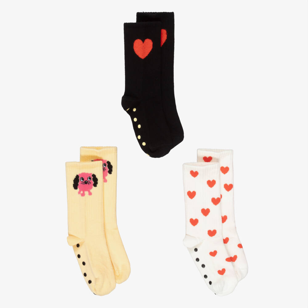 Mini Rodini-Girls Black, Ivory & Yellow Anti-Slip Cotton Socks (3 Pack) | Childrensalon