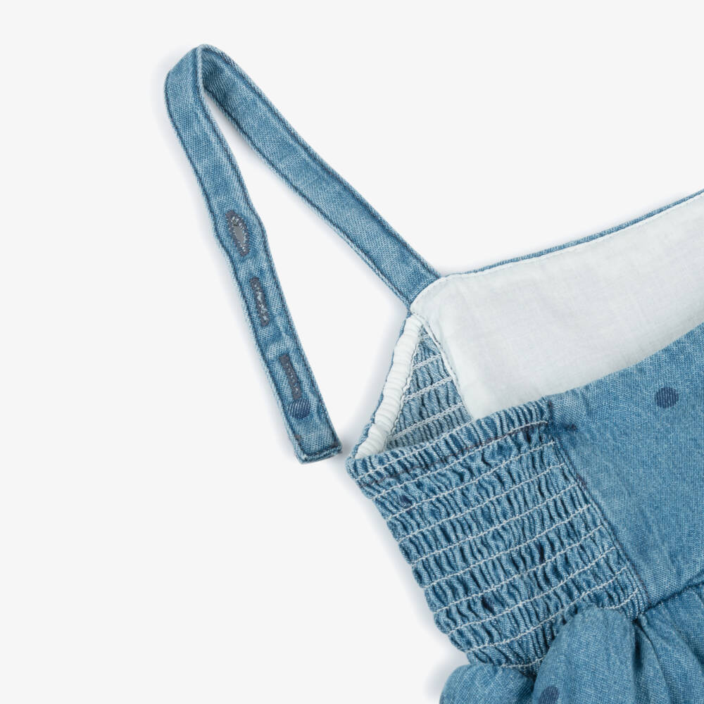 Mini Rodini-Girls Blue Denim Polka Dot Tiered Dress | Childrensalon