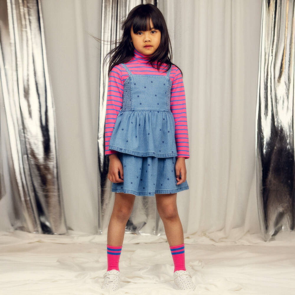 Mini Rodini-Girls Blue Denim Polka Dot Tiered Dress | Childrensalon