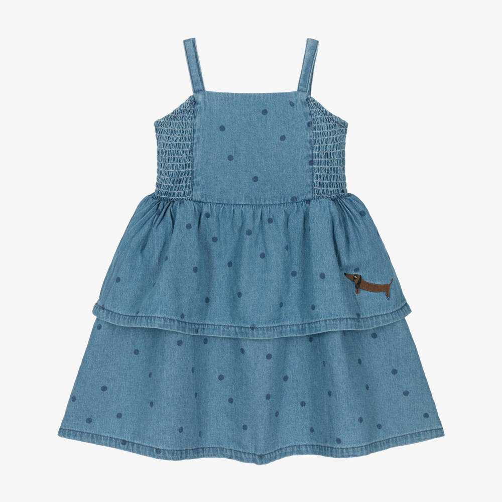 Mini Rodini-Girls Blue Denim Polka Dot Tiered Dress | Childrensalon