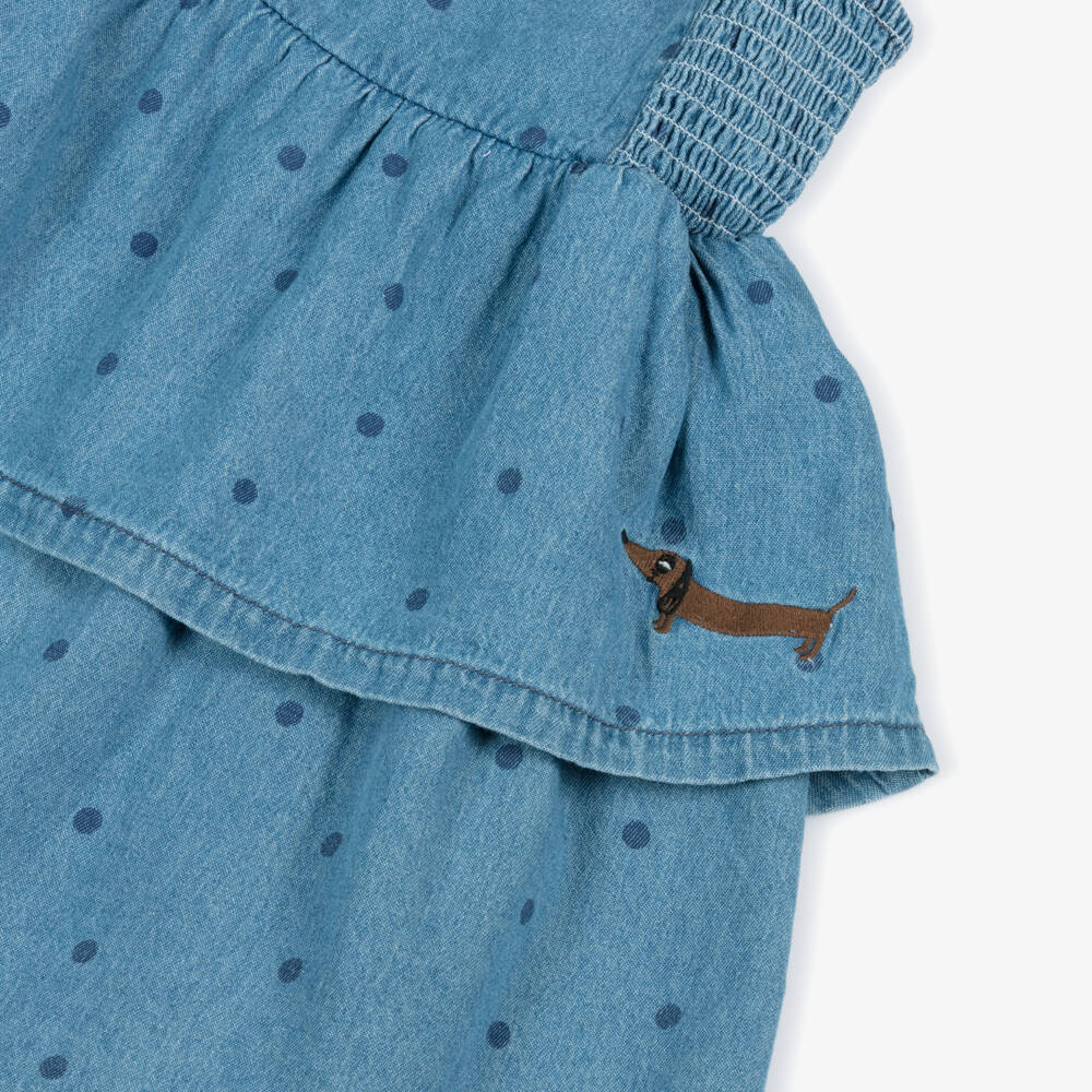Mini Rodini-Girls Blue Denim Polka Dot Tiered Dress | Childrensalon