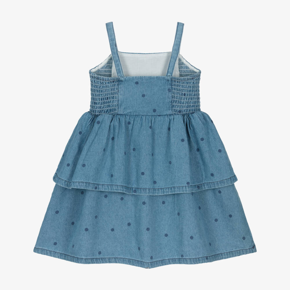 Mini Rodini-Girls Blue Denim Polka Dot Tiered Dress | Childrensalon
