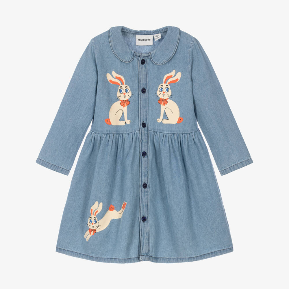 Mini Rodini-Girls Blue Denim Rabbit Print Dress | Childrensalon
