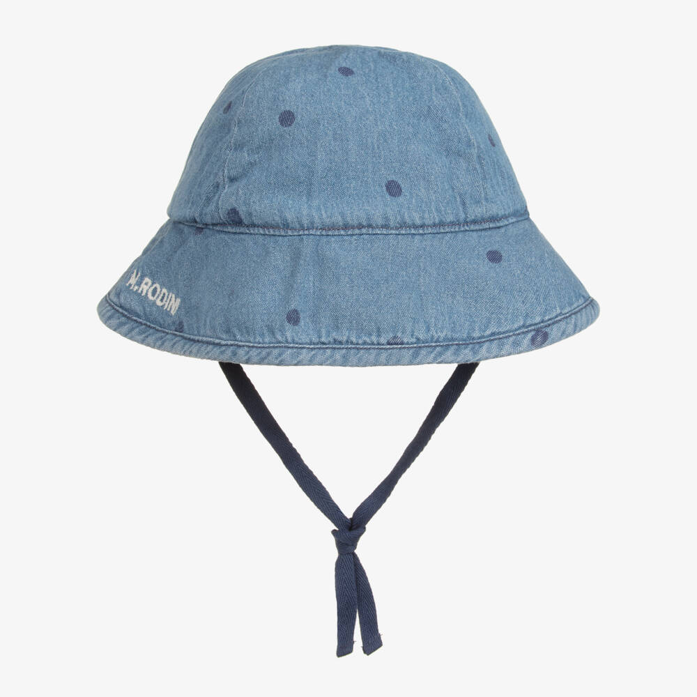 Mini Rodini-Girls Blue Denim Sun Hat with Polka Dots  | Childrensalon