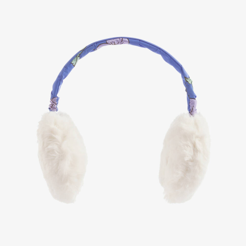 Mini Rodini-Girls Blue Faux Fur Earmuffs with Viola Print | Childrensalon