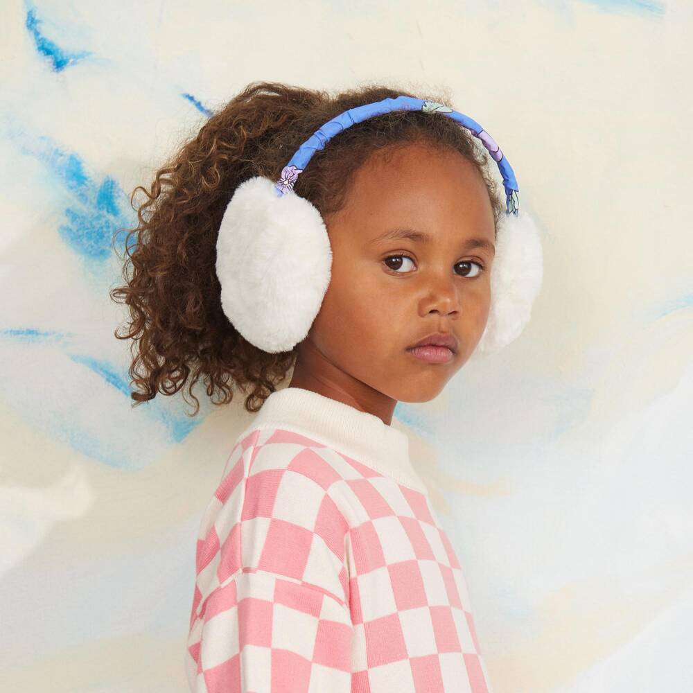 Mini Rodini-Girls Blue Faux Fur Earmuffs with Viola Print | Childrensalon