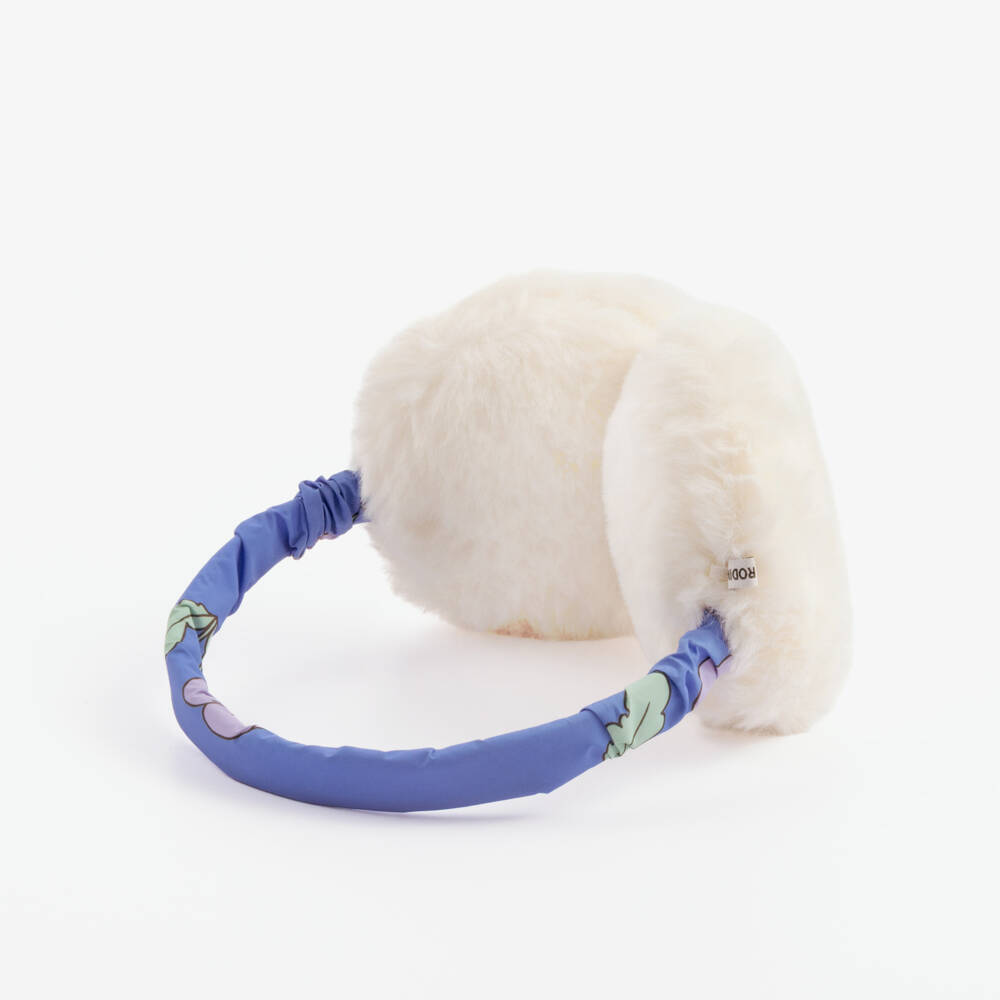 Mini Rodini-Girls Blue Faux Fur Earmuffs with Viola Print | Childrensalon