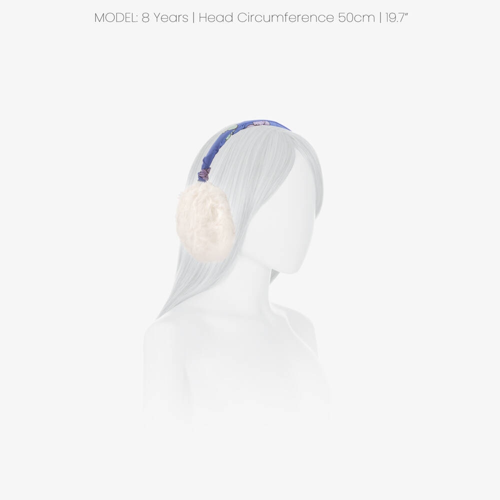 Mini Rodini-Girls Blue Faux Fur Earmuffs with Viola Print | Childrensalon