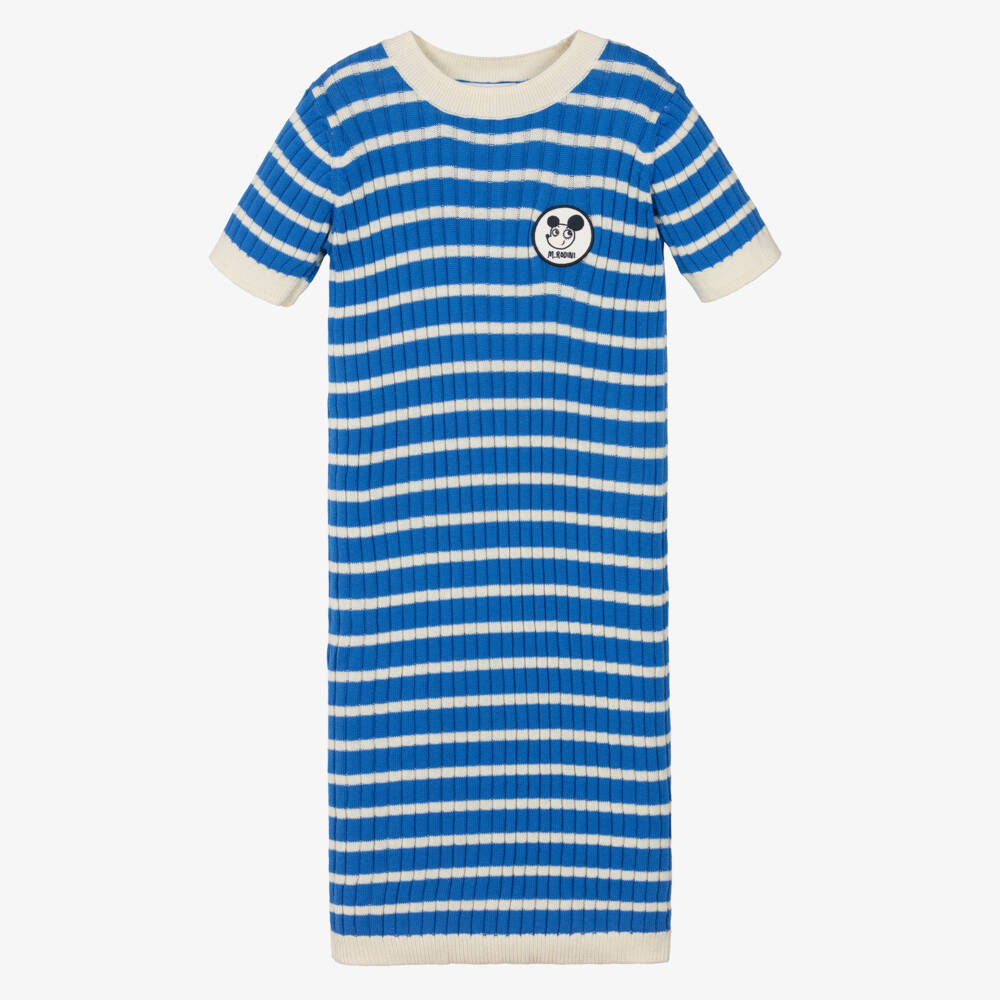 Mini Rodini-Girls Blue & Ivory Rib Knit Stripe Dress | Childrensalon