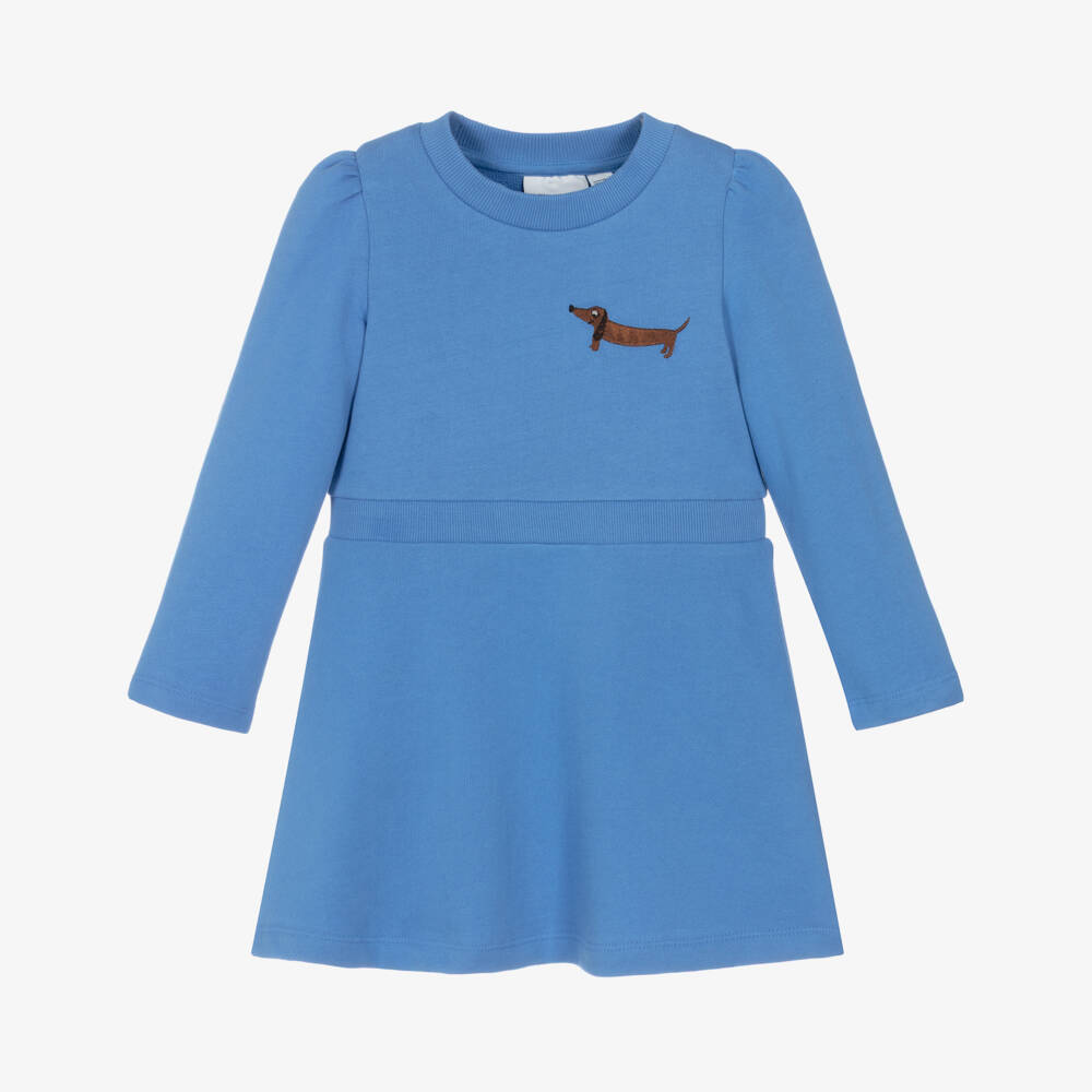 Mini Rodini-Girls Blue Organic Cotton Jersey Dress with Dog Motif | Childrensalon