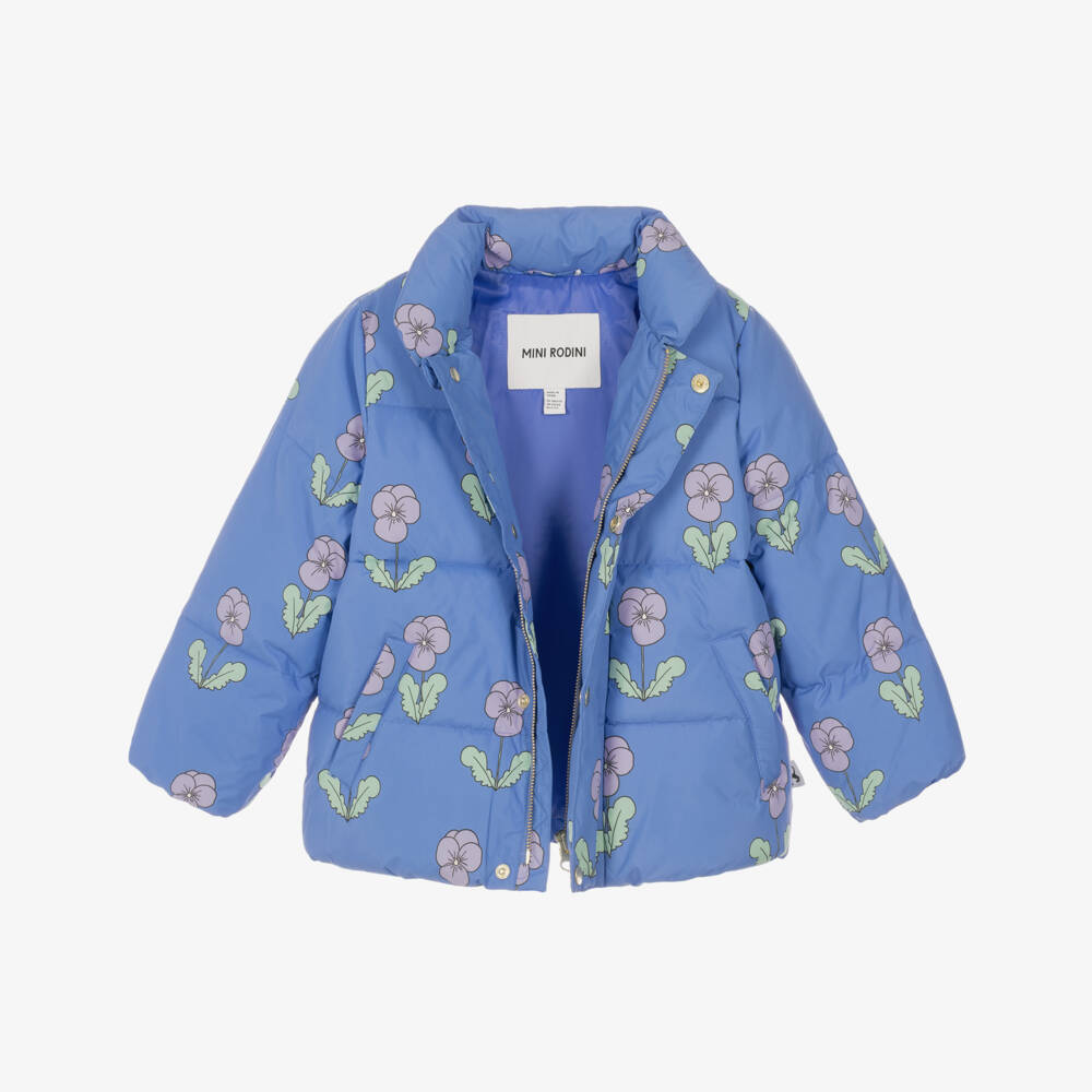 Mini Rodini-Girls Blue Puffer Coat with Viola Print | Childrensalon