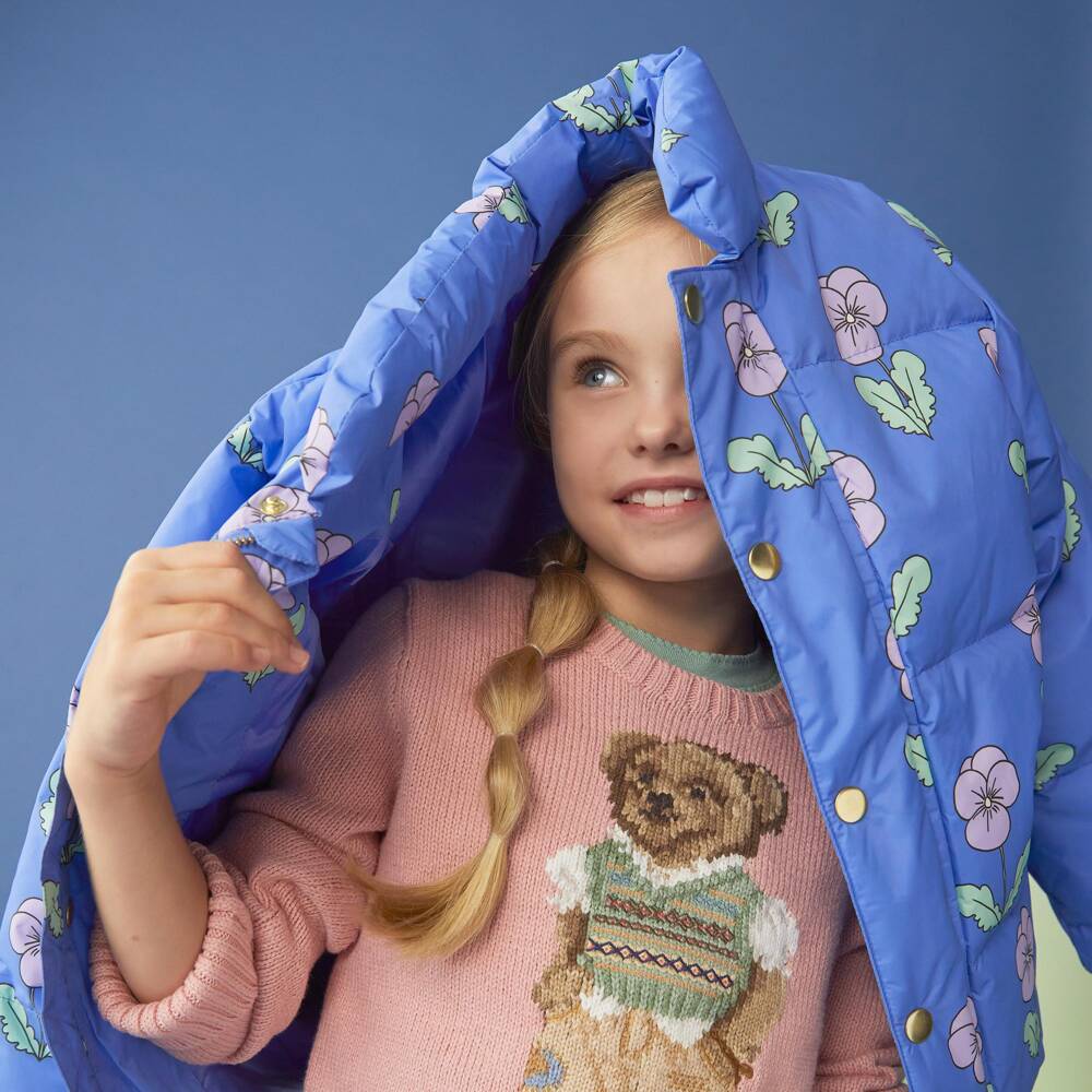 Mini Rodini-Girls Blue Puffer Coat with Viola Print | Childrensalon