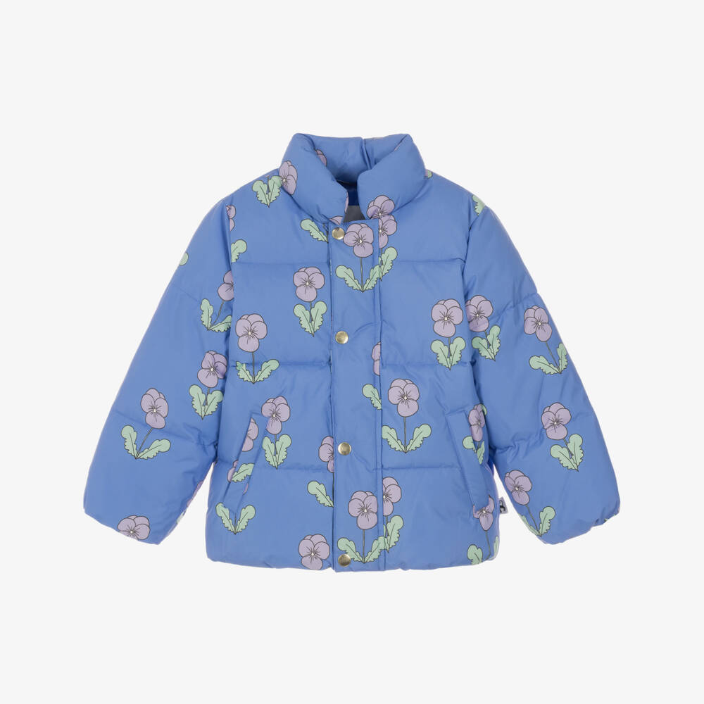 Mini Rodini-Girls Blue Puffer Coat with Viola Print | Childrensalon