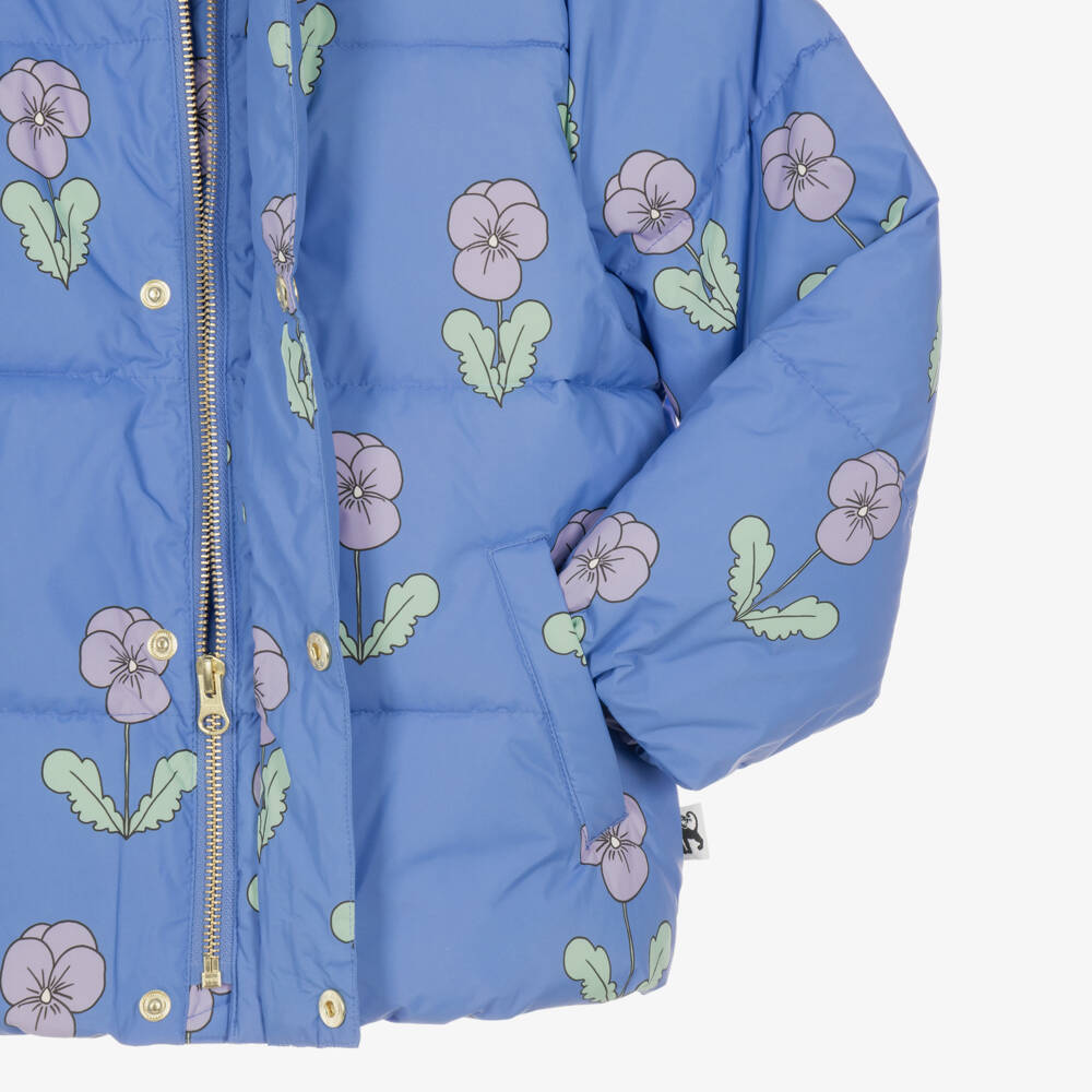 Mini Rodini-Girls Blue Puffer Coat with Viola Print | Childrensalon