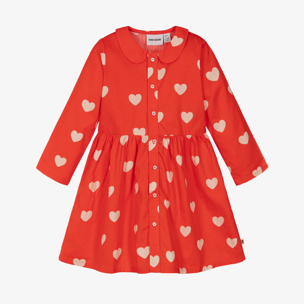 Mini Rodini-فستان بطبعة قلوب قطن عضوي لون أحمر للبنات | Childrensalon